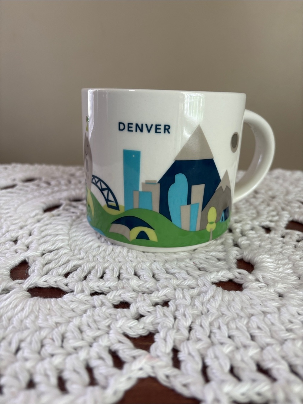 Starbucks Denver Skyline Ceramic Coffee Mug - White & Blue & Green Accents 2014